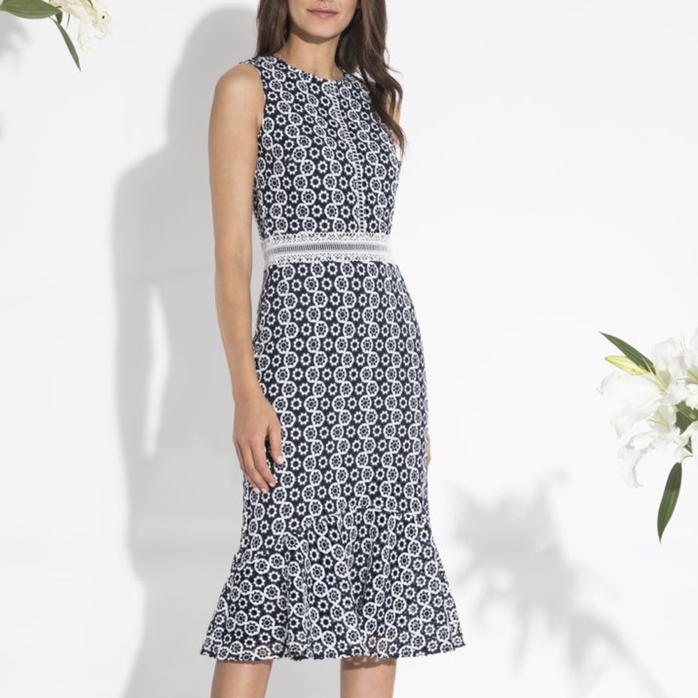 Shoshanna Navy and White Midi Dress Size 10